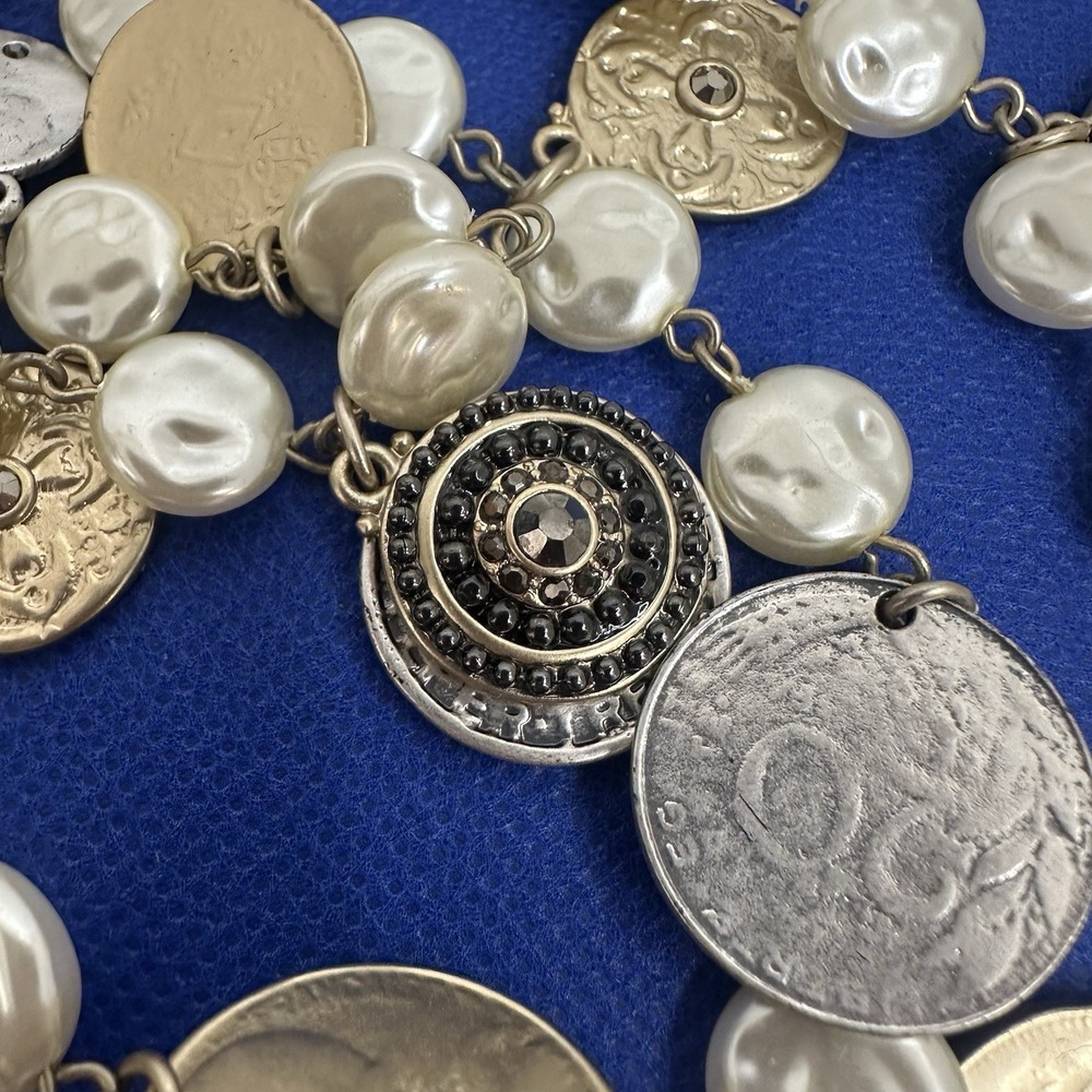 Vintage Set Necklace & Earrings Chico's Silver Gold Pearls Coin Charms 3 Strand - Picture 12 of 15